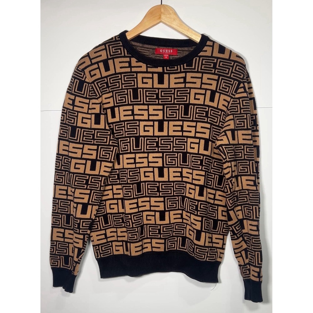 GUESS Los Angeles Men's Logo Knit Sweater Size M Tan Black All Over Print